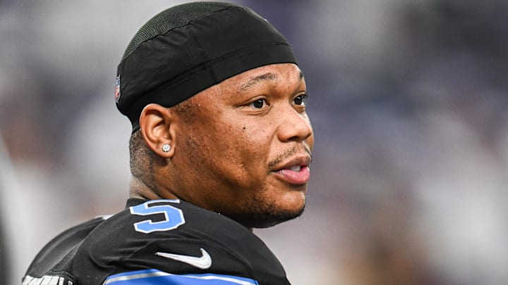 Dec 25, 2025; Minneapolis, Minnesota, USA; Detroit Lions running back David Montgomery (5) looks on before the game against the Minnesota Vikings at U.S. Bank Stadium.