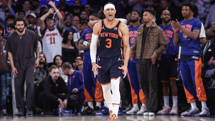 May 8, 2024; New York, New York, USA; New York Knicks guard Josh Hart (3) celebrates in the fourth