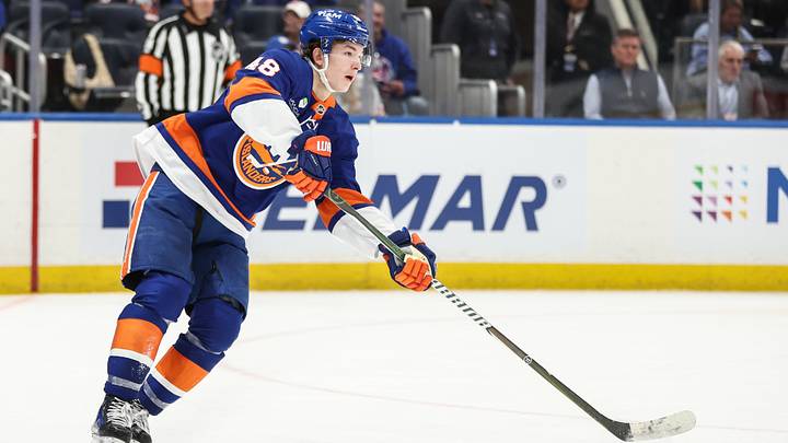 Apr 9, 2026; Elmont, New York, USA;  New York Islanders defenseman Matthew Schaefer (48) plays the puck in the third period against the Toronto Maple Leafs at UBS Arena. Mandatory Credit: Wendell Cruz-Imagn Images