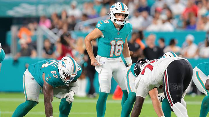 Aug 28, 2026; Miami Gardens, Florida, USA; Miami Dolphins quarterback Mark Gronowski (16) looks on from behind the line of scrimmage against the Atlanta Falcons at Hard Rock Stadium. Mandatory Credit: Sam Navarro-Imagn Images