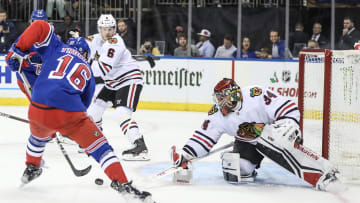 Dec 3, 2022; New York, New York, USA;  Chicago Blackhawks goaltender Petr Mrazek (34) prepares to
