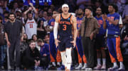 May 8, 2024; New York, New York, USA; New York Knicks guard Josh Hart (3) celebrates in the fourth