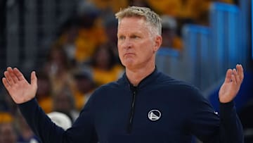 May 10, 2025; San Francisco, California, USA; Golden State Warriors head coach Steve Kerr throws his hands up in the second quarter against the Minnesota Timberwolves during game three in the second round of the 2025 NBA Playoffs at Chase Center. Mandatory Credit: David Gonzales-Imagn Images