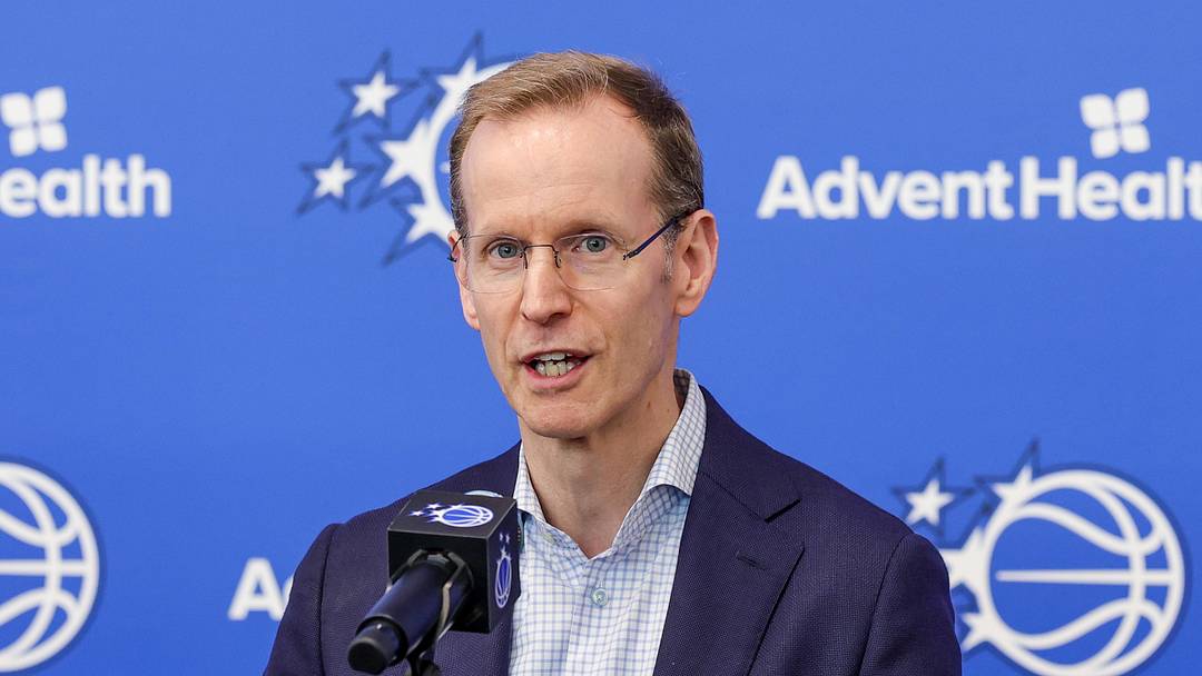 Jun 18, 2026; Orlando, FL, USA; Orlando Magic President of Basketball Operations Jeff Weltman takes media questions during a press conference to introduce new head coach Sean Sweeney at AdventHealth Training Center. Mandatory Credit: Mike Watters-Imagn Images