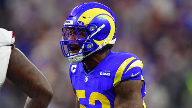 Los Angeles Rams linebacker Ernest Jones (53) reacts after a defensive play against the Washington Commanders