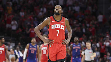 Oct 24, 2025; Houston, Texas, USA; Houston Rockets forward Kevin Durant (7) looks up after a play during the fourth quarter against the Detroit Pistons at Toyota Center. Mandatory Credit: Troy Taormina-Imagn Images