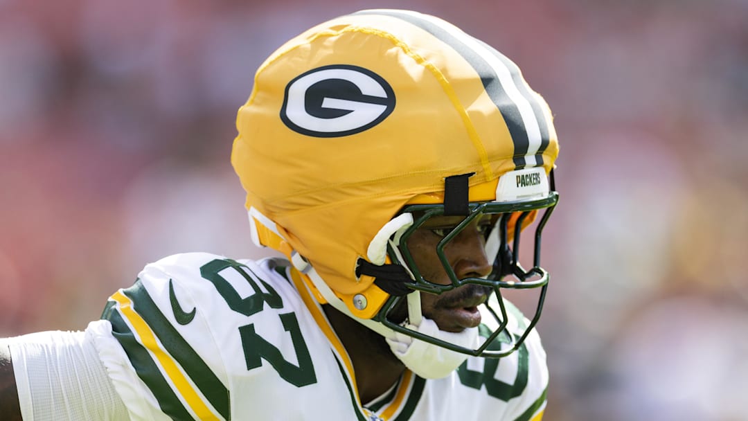 Sep 21, 2025; Cleveland, Ohio, USA; Green Bay Packers wide receiver Romeo Doubs (87) runs during warm ups before the game against the Cleveland Browns at Huntington Bank Field. Mandatory Credit: Scott Galvin-Imagn Images