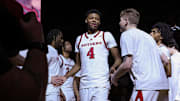Mar 9, 2025; Piscataway, New Jersey, USA; Rutgers Scarlet Knights guard Ace Bailey (4) is introduced before the game against the Minnesota Golden Gophers at Jersey Mike's Arena. Mandatory Credit: Vincent Carchietta-Imagn Images