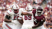 Oct 28, 2023; College Station, Texas, USA; South Carolina Gamecocks offensive lineman Jakai Moore (55) blocks Texas A&M Aggies defensive lineman Shemar Stewart (4) during the second quarter at Kyle Field. Mandatory Credit: Dustin Safranek-Imagn Images