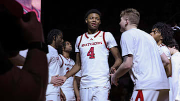 Mar 9, 2025; Piscataway, New Jersey, USA; Rutgers Scarlet Knights guard Ace Bailey (4) is introduced before the game against the Minnesota Golden Gophers at Jersey Mike's Arena. Mandatory Credit: Vincent Carchietta-Imagn Images