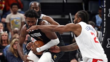 Feb 23, 2024; Memphis, Tennessee, USA; Memphis Grizzlies forward-center Jaren Jackson Jr. (13) protects the ball as Los Angeles Clippers forward Kawhi Leonard (2) attempt to steal the ball during the second half at FedExForum. Mandatory Credit: Petre Thomas-Imagn Images