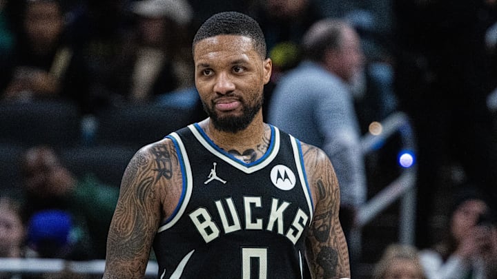 Milwaukee Bucks guard Damian Lillard (0) in the second half against the Indiana Pacers at Gainbridge Fieldhouse. Milwaukee Bucks guard Damian Lillard (0) in the second half against the Indiana Pacers at Gainbridge Fieldhouse.