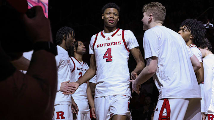 Mar 9, 2025; Piscataway, New Jersey, USA; Rutgers Scarlet Knights guard Ace Bailey (4) is introduced before the game against the Minnesota Golden Gophers at Jersey Mike's Arena. Mandatory Credit: Vincent Carchietta-Imagn Images Mar 9, 2025; Piscataway, New Jersey, USA; Rutgers Scarlet Knights guard Ace Bailey (4) is introduced before the game against the Minnesota Golden Gophers at Jersey Mike's Arena. Mandatory Credit: Vincent Carchietta-Imagn Images
