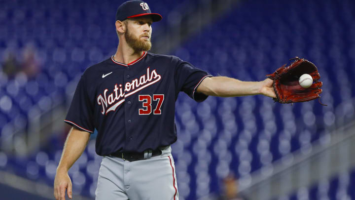 Jun 9, 2022; Miami, Florida, USA; Washington Nationals starting pitcher Stephen Strasburg (37) Jun 9, 2022; Miami, Florida, USA; Washington Nationals starting pitcher Stephen Strasburg (37)