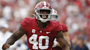 Oct 2, 2021; Tuscaloosa, Alabama, USA;  Alabama linebacker Kendrick Blackshire (40) celebrates after making a big hit on an Ole Miss kick returner at Bryant-Denny Stadium. Blackshire was called for targeting. Alabama defeated Ole Miss 42-21. Mandatory Credit: Gary Cosby-USA TODAY Sports