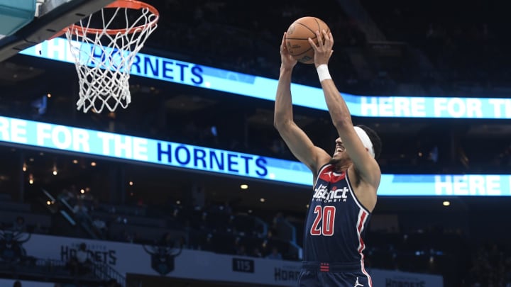 Nov 8, 2023; Charlotte, North Carolina, USA; Washington Wizards guard Landry Shamet (20) drives in to dunk during the second half against the Charlotte Hornets at the Spectrum Center. Mandatory Credit: Sam Sharpe-USA TODAY Sports