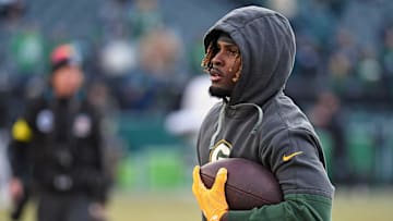 Jan 12, 2025; Philadelphia, Pennsylvania, USA; Green Bay Packers wide receiver Jayden Reed (11) during warmups against the Philadelphia Eagles in an NFC wild card game at Lincoln Financial Field. Mandatory Credit: Eric Hartline-Imagn Images