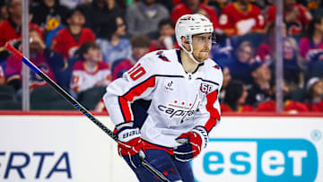 Jan 28, 2025; Calgary, Alberta, CAN; Washington Capitals left wing Pierre-Luc Dubois (80) celebrates his goal against the Calgary Flames during the first period at Scotiabank Saddledome. Mandatory Credit: Sergei Belski-Imagn Images