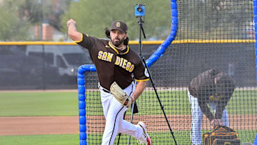 San Diego Padres pitcher Craig Stammen throws during a Spring Training workout at Peoria Sports Complex on Feb. 17, 2023.
