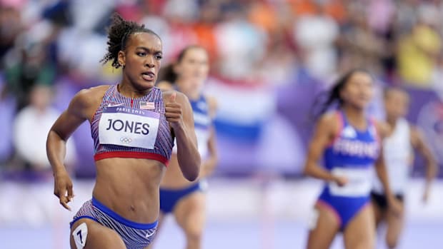Aug 6, 2024; Paris Saint-Denis, France; Jasmine Jones (USA) competes in a womenís 400m hurdles semifinal during the Paris 202