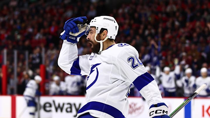 Apr 7, 2026; Ottawa, Ontario, CAN;  Tampa Bay Lightning left wing Nick Paul (20) celebrates scoring a goal against the Ottawa Senators during the second period at Canadian Tire Centre. Mandatory Credit: Keito Newman-Imagn Images

