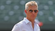 Jul 18, 2023; Baltimore, Maryland, USA; Baltimore Orioles general manager Mike Elias on field prior to the game against the Los Angeles Dodgers at Oriole Park at Camden Yards