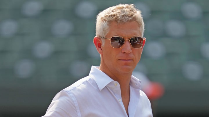 Jul 18, 2023; Baltimore, Maryland, USA; Baltimore Orioles general manager Mike Elias on field prior to the game against the Los Angeles Dodgers at Oriole Park at Camden Yards