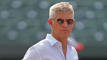 Jul 18, 2023; Baltimore, Maryland, USA; Baltimore Orioles general manager Mike Elias on field prior to the game against the Los Angeles Dodgers at Oriole Park at Camden Yards. Mandatory Credit: Mitch Stringer-USA TODAY Sports