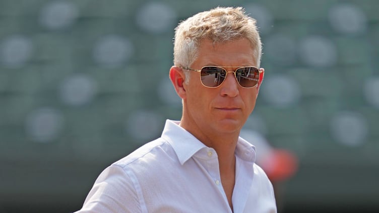 Jul 18, 2023; Baltimore, Maryland, USA; Baltimore Orioles general manager Mike Elias on field prior to the game against the Los Angeles Dodgers at Oriole Park at Camden Yards. Mandatory Credit: Mitch Stringer-USA TODAY Sports