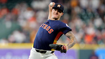 Aug 31, 2025; Houston, Texas, USA; Houston Astros starting pitcher Hunter Brown (58) delivers a pitch against the Los Angeles Angels during the first inning at Daikin Park.