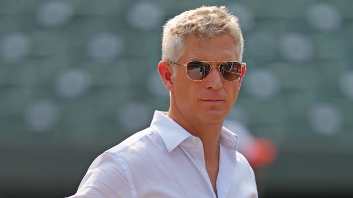 Jul 18, 2023; Baltimore, Maryland, USA; Baltimore Orioles general manager Mike Elias on field prior to the game against the Los Angeles Dodgers at Oriole Park at Camden Yards