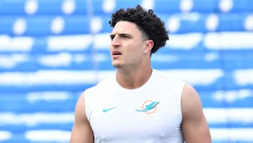Jan. 15, 2023; Orchard Park, NY, USA; Miami Dolphins linebacker Jaelan Phillips warms up before playing against the Buffalo Bills in a NFL wild card game at Highmark Stadium.