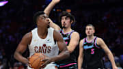 Nov 12, 2025; Miami, Florida, USA; Cleveland Cavaliers center Thomas Bryant (3) drives to the basket against Miami Heat forward Jaime Jaquez Jr. (11) during the second quarter at Kaseya Center. Mandatory Credit: Sam Navarro-Imagn Images