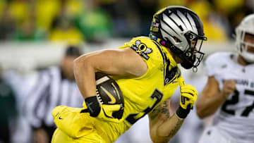 Oregon Ducks tight end Terrance Ferguson picks up yards as the Ducks host the Spartans Friday, Oct. 4, 2024 at Autzen Stadium in Eugene, Ore.