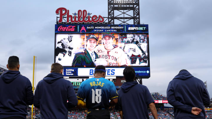 Aug 30, 2024; Philadelphia, Pennsylvania, USA; Players and fans stand for a moment of silence for NHL player Johnny Gaudreau.