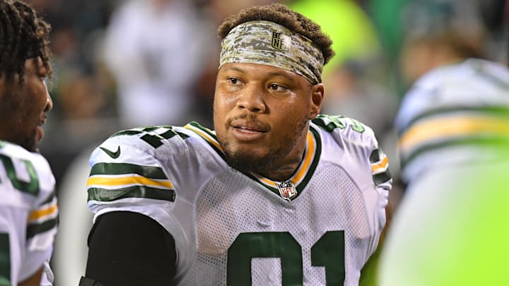 Nov 27, 2022; Philadelphia, Pennsylvania, USA; Green Bay Packers linebacker Preston Smith (91) walks off the field at halftime against the Philadelphia Eagles at Lincoln Financial Field. Mandatory Credit: Eric Hartline-Imagn Images