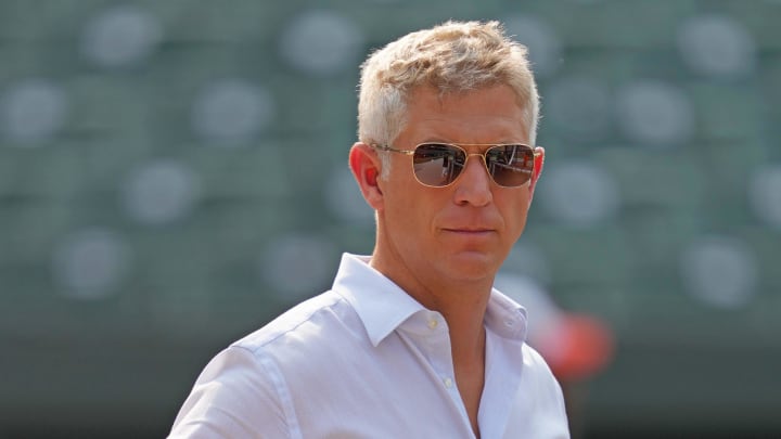 Jul 18, 2023; Baltimore, Maryland, USA; Baltimore Orioles general manager Mike Elias on the field.