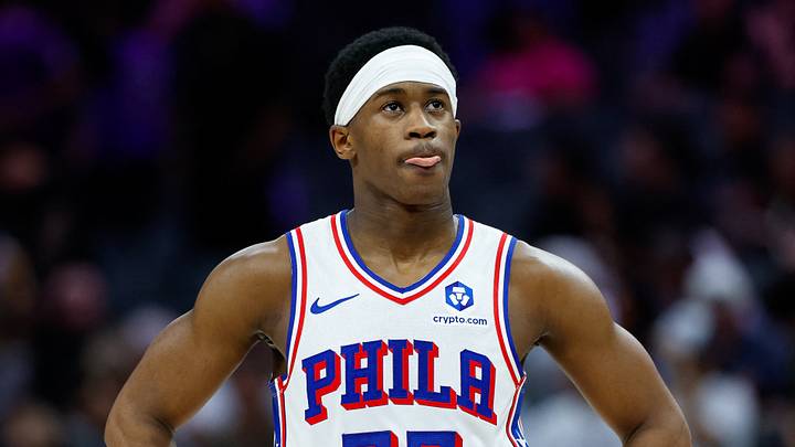 Sacramento, California, USA; Philadelphia 76ers guard Vj Edgecombe (77) looks on during the fourth quarter against the Sacramento Kings at Golden 1 Center on March 19, 2026.