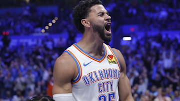 Oct 28, 2025; Oklahoma City, Oklahoma, USA; Oklahoma City Thunder guard Ajay Mitchell (25) celebrates after scoring against the Sacramento Kings during the second half at Paycom Center. Mandatory Credit: Alonzo Adams-Imagn Images