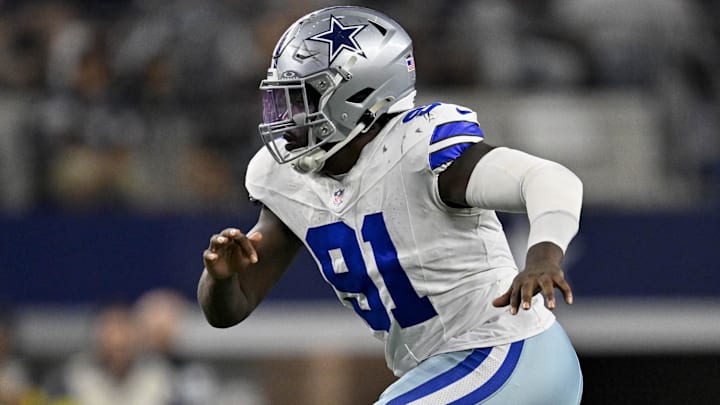 Aug 16, 2025; Arlington, Texas, USA; Dallas Cowboys defensive end Tyrus Wheat (91) rushes the line during the game between the Dallas Cowboys and the Baltimore Ravens at AT&T Stadium. Mandatory Credit: Jerome Miron-Imagn Images