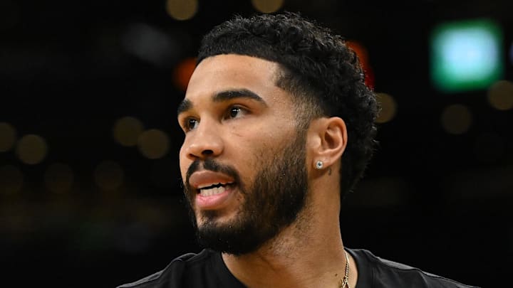 Mar 14, 2026; Boston, Massachusetts, USA; Boston Celtics forward Jayson Tatum (0) during warmups before a game against the Washington Wizards at the TD Garden. Mandatory Credit: Brian Fluharty-Imagn Images