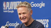 May 6, 2025; Minneapolis, Minnesota, USA; Golden State Warriors head coach Steve Kerr answers questions at a press conference before game one of the second round for the 2025 NBA Playoffs against the Minnesota Timberwolves at Target Center. Mandatory Credit: Bruce Kluckhohn-Imagn Images