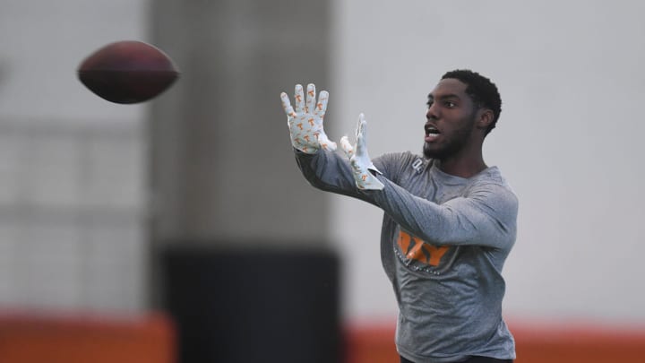 Kamal Hadden participates in a drill at Tennessee Pro-Day in Knoxville, Tenn., Wednesday, March 27, 2024.