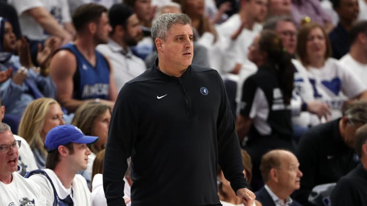 May 22, 2024; Minneapolis, Minnesota, USA; Minnesota Timberwolves assistant coach Micah Nori looks on in the first quarter against the Dallas Mavericks during game one of the western conference finals for the 2024 NBA playoffs at Target Center. Mandatory Credit: Jesse Johnson-USA TODAY Sports