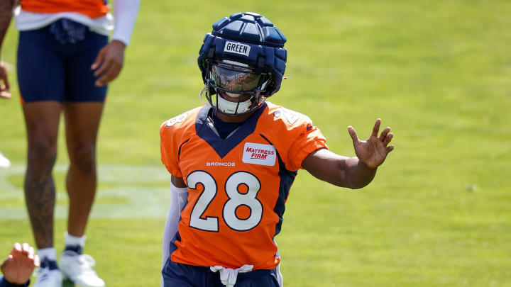 Jul 28, 2023; Englewood, CO, USA; Denver Broncos cornerback Art Green (28) during training camp at Centura Health Training Center. 