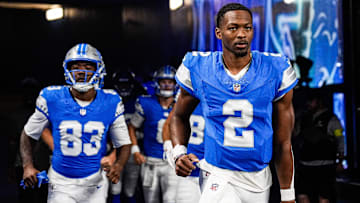 Detroit Lions quarterback Hendon Hooker (2) takes the field for practice ahead the Houston Texans game at Ford Field in Detroit on Saturday, August 23, 2025.
