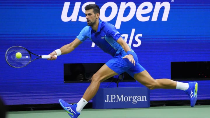 Sep 10, 2023; Flushing, NY, USA; Novak Djokovic of Serbia hits a backhand against Daniil Medvedev (not pictured) in the men's singles final on day fourteen of the 2023 U.S. Open tennis tournament at USTA Billie Jean King National Tennis Center. 