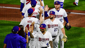 The Buffalo Bisons celebrate an 11-0 win over the Rochester Red Wings Aug. 10, 2021 at Sahlen Field in Buffalo.