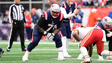 Dec 17, 2023; Foxborough, Massachusetts, USA; New England Patriots guard Mike Onwenu (71) lines up