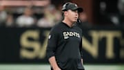 Oct 5, 2025; New Orleans, Louisiana, USA; New Orleans Saints head coach Kellen Moore walks along the sideline during the game against the New York Giants during the second quarter at Caesars Superdome. Mandatory Credit: Matthew Hinton-Imagn Images